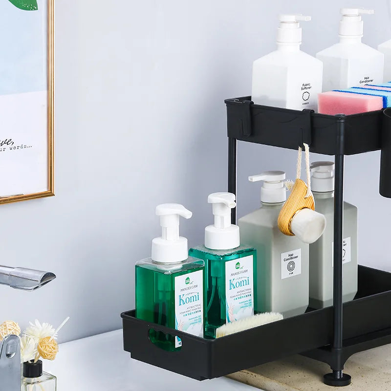 1 Pack Under Sink Organizer, 2 Tier Sliding Bathroom Cabinet Organizer and Storage Pull Out Shelf Sliding Organizer Box