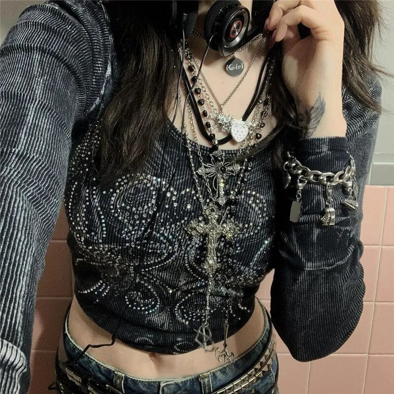 Xingqing Rhinestone Crop Tops Graphic Print Y2K Grunge Clothes Aesthetic Fairycore Retro Tee Vintage Harajuku Cute Tshirts