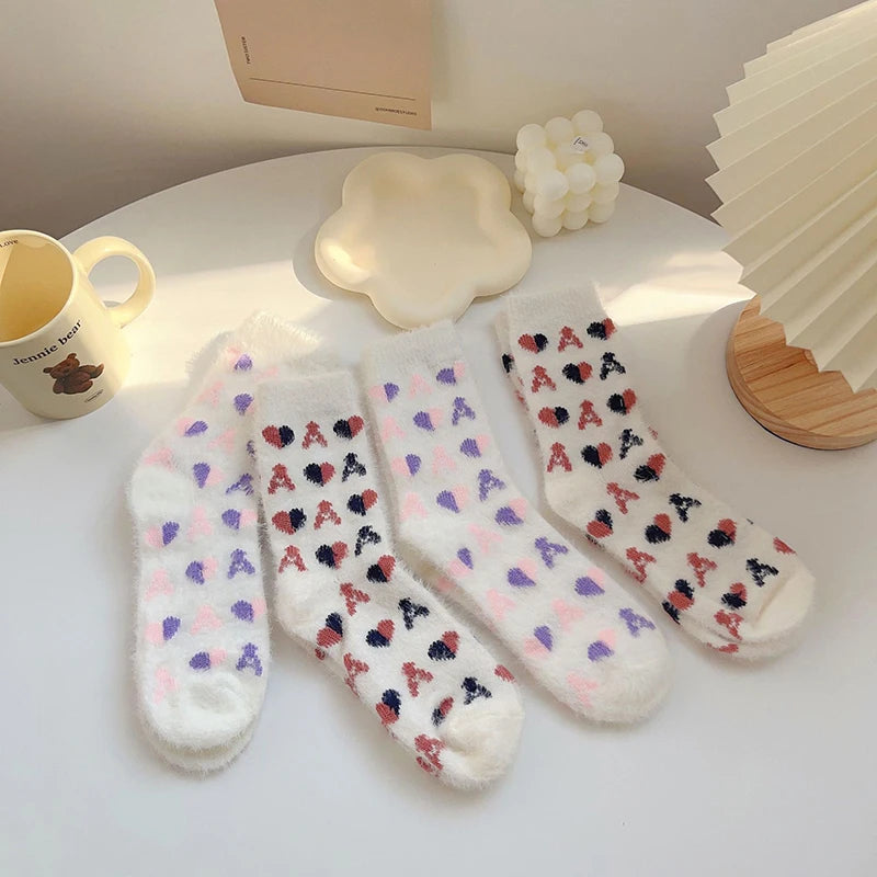 Heart Mink Plush Socks For Women Girl Mid-Tube Stockings Warm Coral Velvet Sleep Floor Sock Winter Thermal Slipper Harajuku Sox