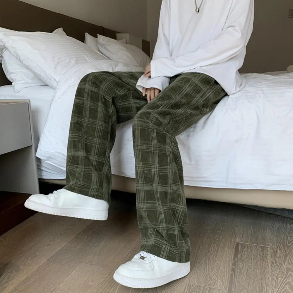 Mid-Rise Elastic Waistband Men Pants Pockets Straight Wide Leg Casual Trousers Plaid Print Drawstring Loose Corduroy Pants