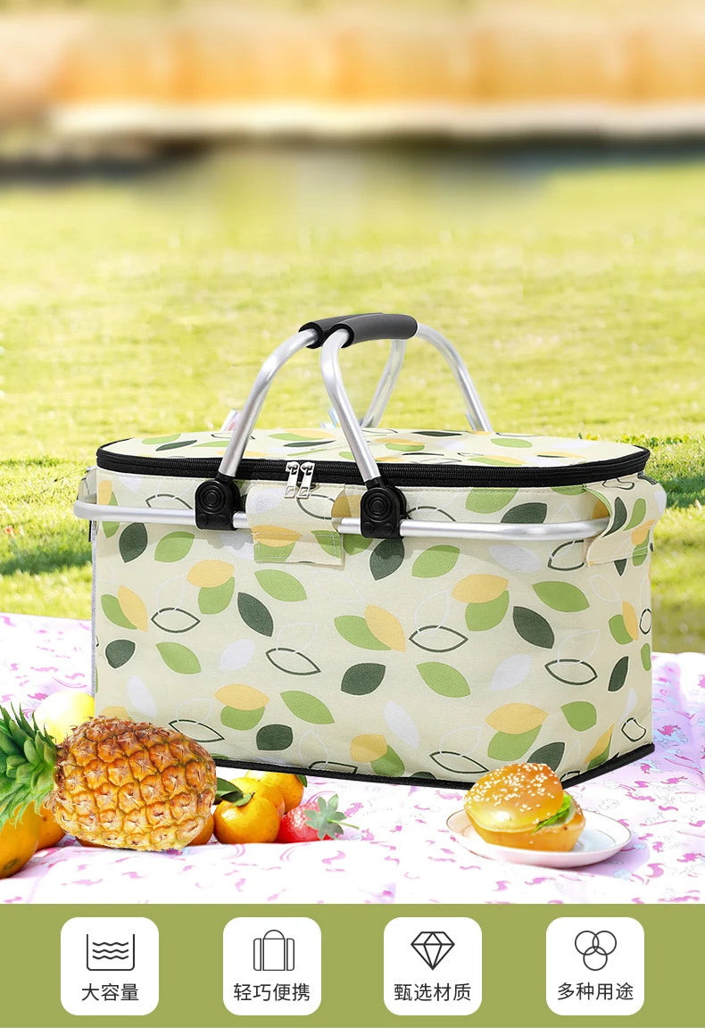 Outdoor Large Capacity Insulated Picnic Basket Camping Picnic Basket Travel Picnic Bag Portable Bento Bag Camping Cooler Basket