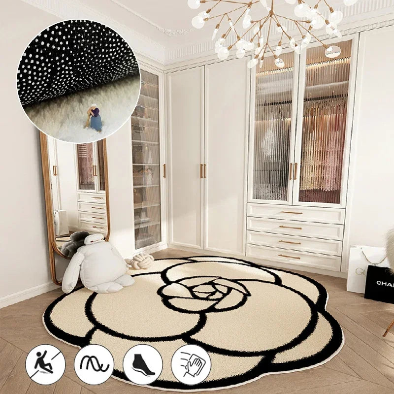 French Cream Style Rugs for Bedroom Round Flower Bedside Rug Soft Non-slip Dressing Table Mat Large Area Carpets for Living Room