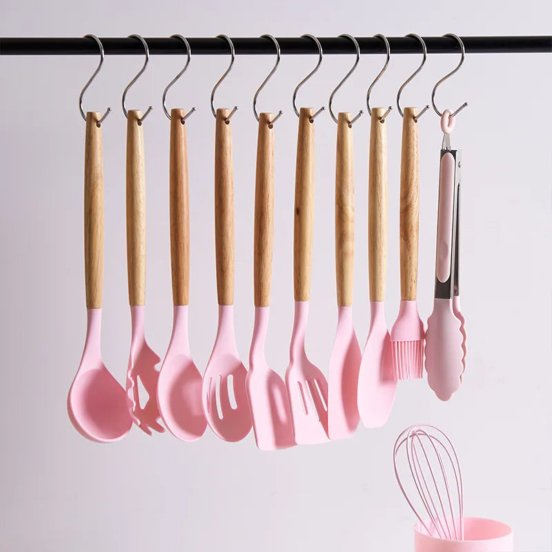 Silicone Kitchen Ware Set with Wooden Handle High Quality Non-stick Spatula Cooking Utensils