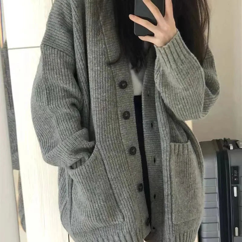 Women Button Pocket Loose Cardigan Coats Autumn Lady Korea Student Button Knitwear Sweaters PUMY-01