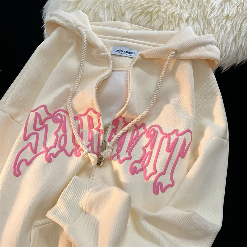 Y2K Letter Print Hoodies Women Winter Autumn Harajuku Hip Hop Zip Up Hooded Sweatshirts Fashion Punk Sports Jacket Streetwear