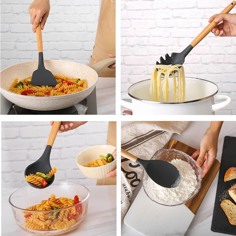 Cooking Tool Wood handel Silicone Kitchenware Utensils Resistant NonStick Cooking Utensils Kitchen special Accessories Supplies