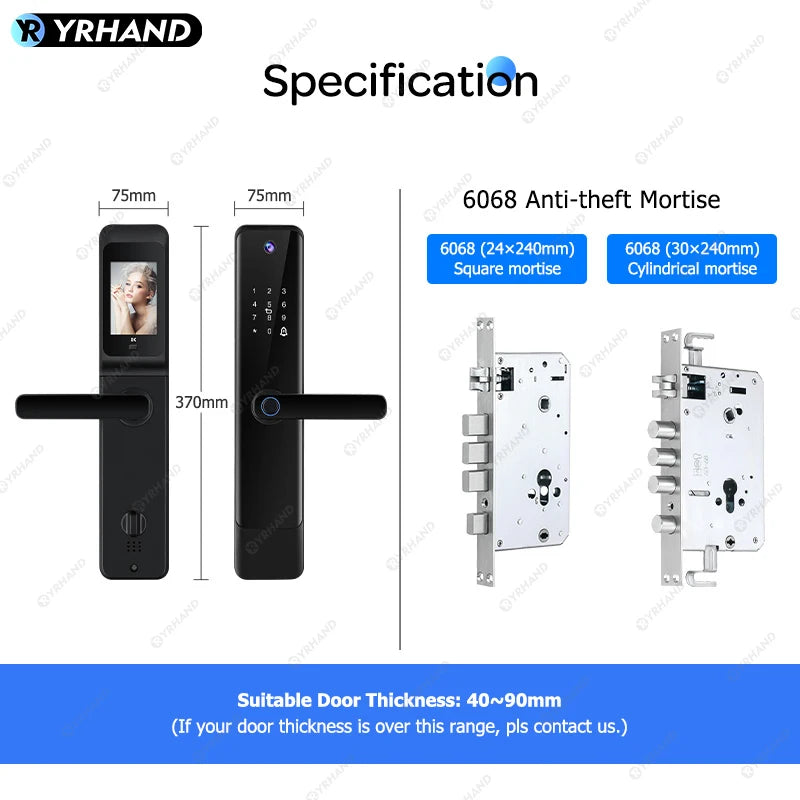 YRHAND Tuya Wifi Digital Electronic Smart Door Lock With Biometric Camera Fingerprint Peephole 6068 Smart Door Lock