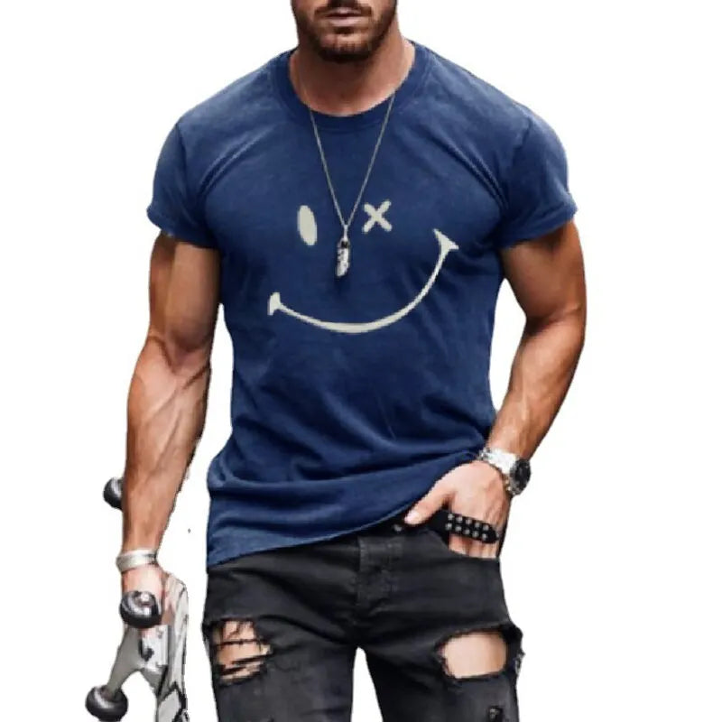 Summer Trend New Smiling Face 3D Printing Men's T-Shirt Round Neck Hip-Hop Sports Wind Speed Dry Smooth Breathable Short Sleeve