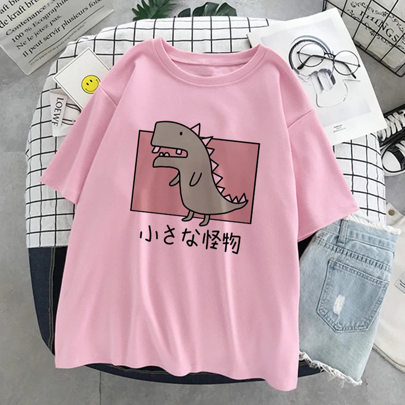 Dinosaur Summer New Cartoon Casual Punk Women Oversized T-shirt Short Sleeve Harajuku Vintage Fun Fashion Ins Cute Sweet Loose