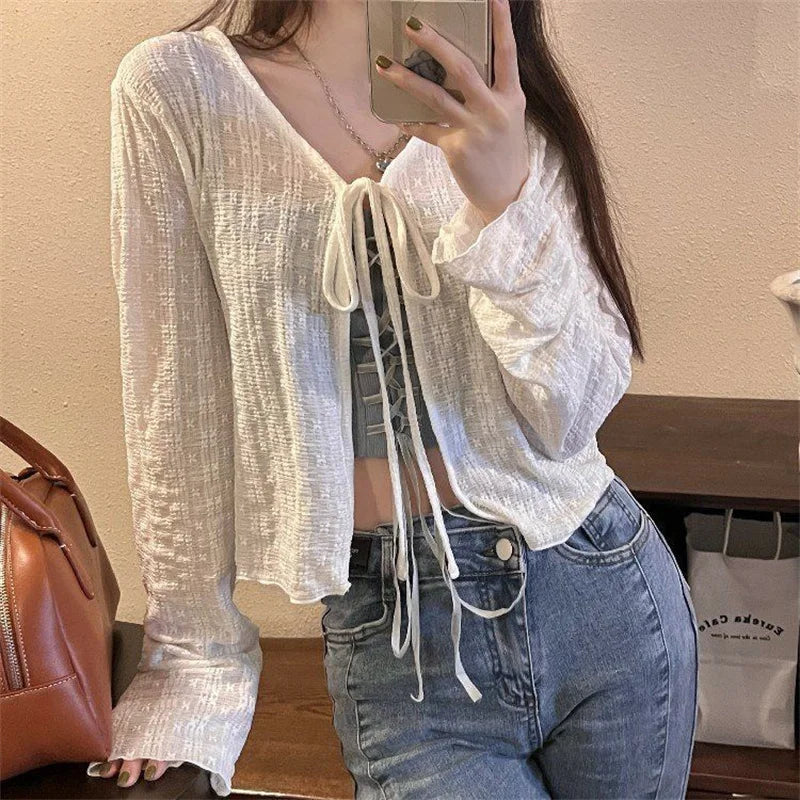 Woman T-shirt Summer Thin Bow Solid Color Short Thin Womens Cardigan Korean Fashion Casual Sun Protection 2023 Top Women Clothin