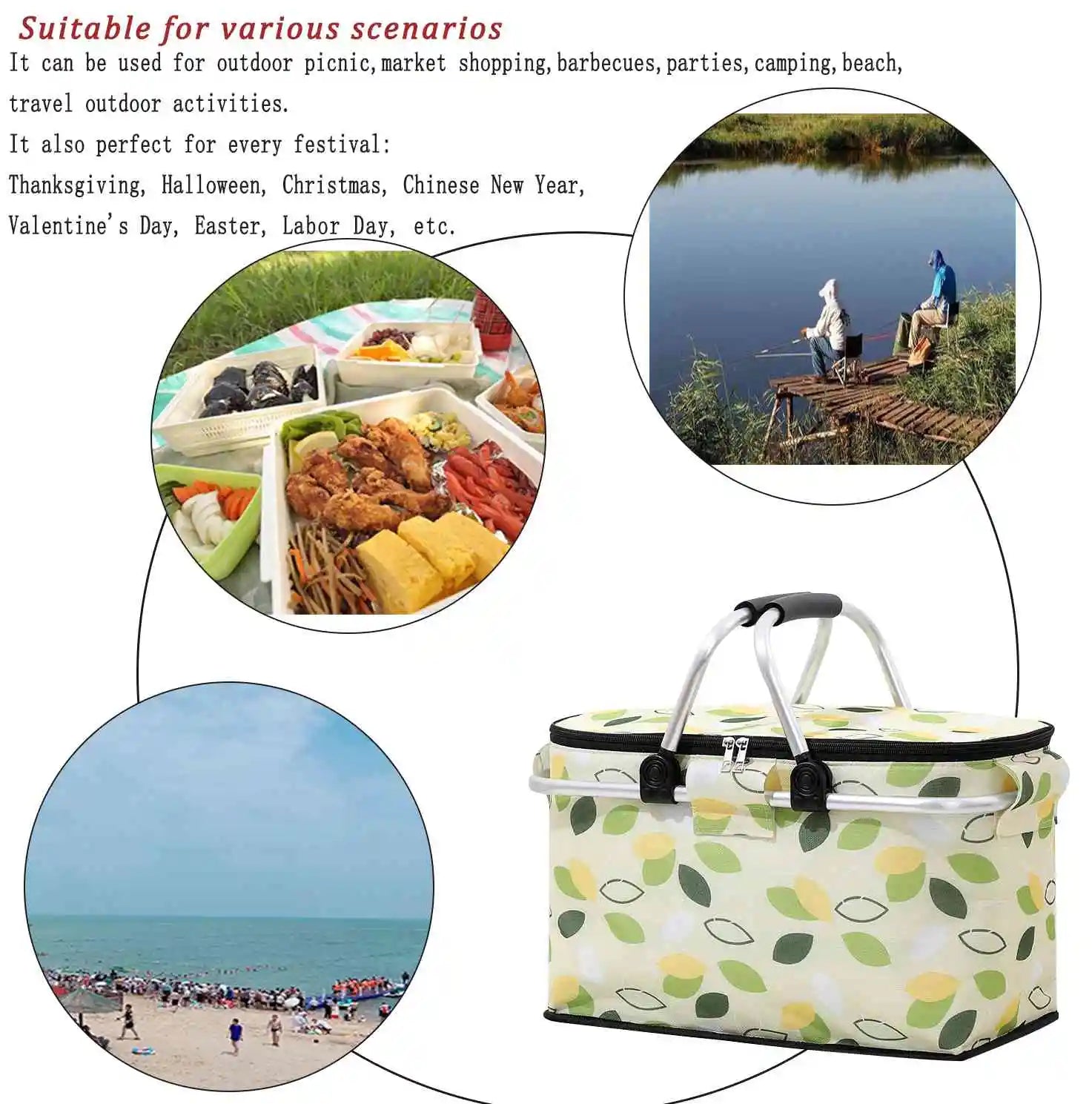 Outdoor Large Capacity Insulated Picnic Basket Camping Picnic Basket Travel Picnic Bag Portable Bento Bag Camping Cooler Basket