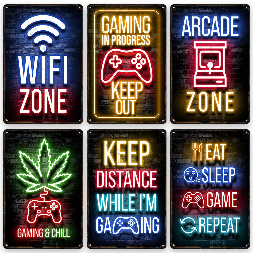 Gamepad Vintage Metal Poster Neon Light Glow Lettering Decorative Tin Sign Game Room Wall Art Plaque Modern Home Decor Aesthetic