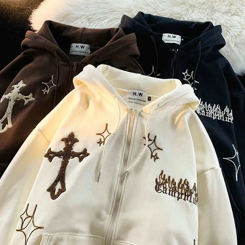 Gothic Embroidery Hoodies Women Retro Harajuku Hip Hop Jacket High Street Zip Up Hoodie Casual Loose Sweatshirt Clothes Y2K Tops