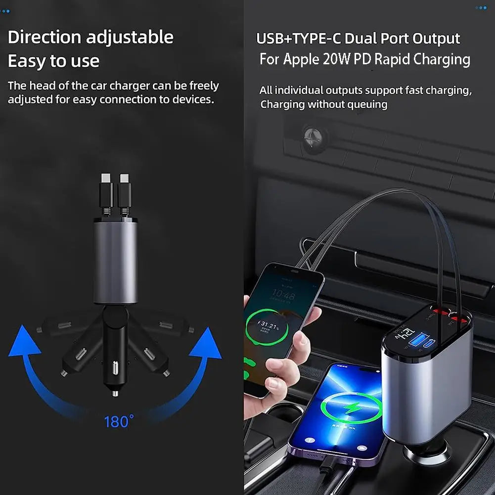 100w 4 IN 1 Retractable Car Charger USB Type C Cable For IPhone Samsung Fast Charge Cord Cigarette Lighter Adapter