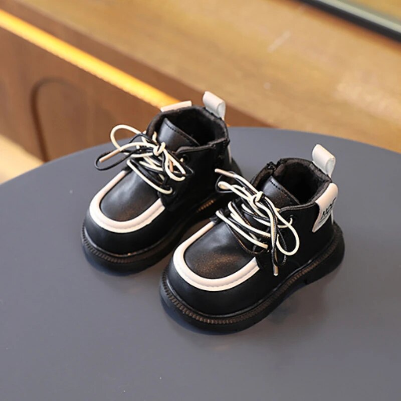 Baby Boots Winter New Thickened British Style Boys Girls Anti Slip Warm Leather Boots Side Zipper Kids Soft Soled Toddler Shoes