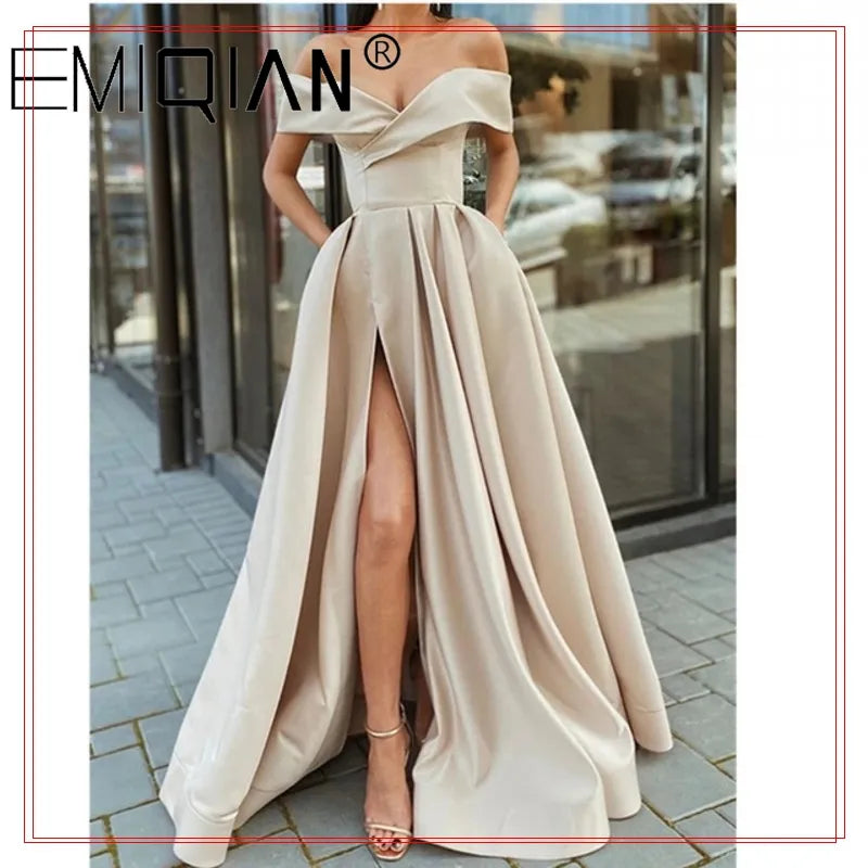 Off the Shoulder Emerald Green Satin Long Prom Dresses with Leg Slit V-neck Floor Length Arabic Evening Gowns robe de soiree