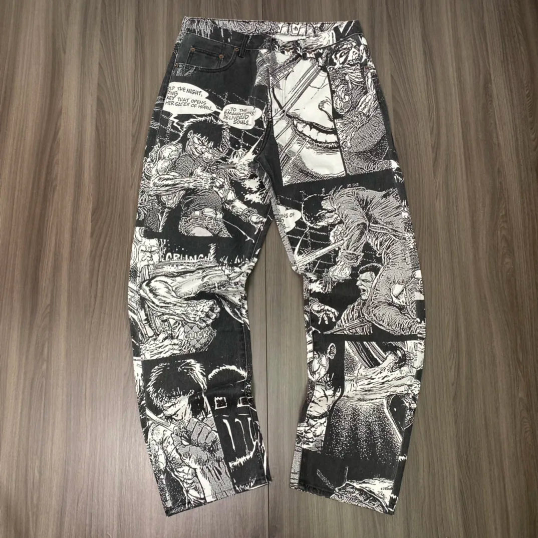 Best Quality 21FW Collab Cartoon Print Regular Jeans Men Women Loose Fit Cotton Denim Trousers