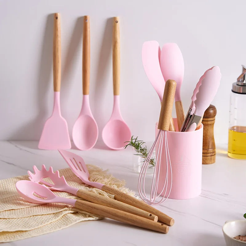 Silicone Kitchen Ware Set with Wooden Handle High Quality Non-stick Spatula Cooking Utensils