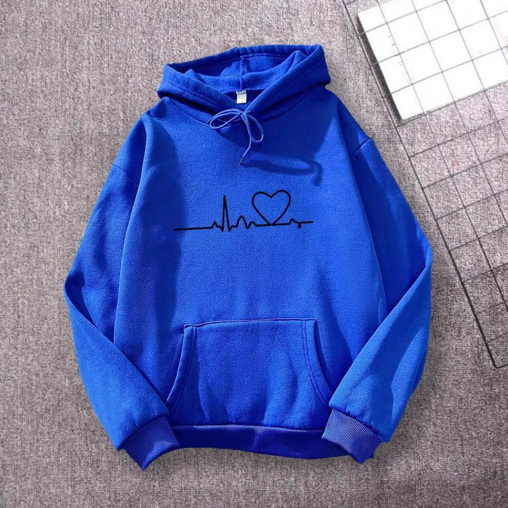 Chic Elastic Hem Women Autumn Hoodie Streetwear Women Autumn Hoodie Elastic Cuff Heart Print Couple Hoodie for School