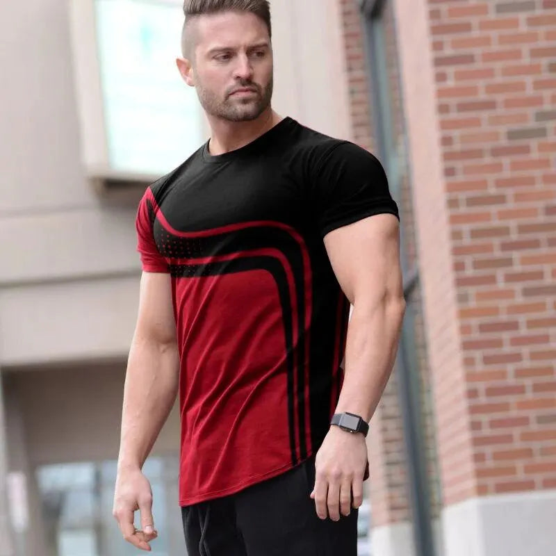 2023 New Men's T-Shirt Geometric Stripes Novelty Round Neck Summer Casual Retro Short-Sleeved Daily Streetwear