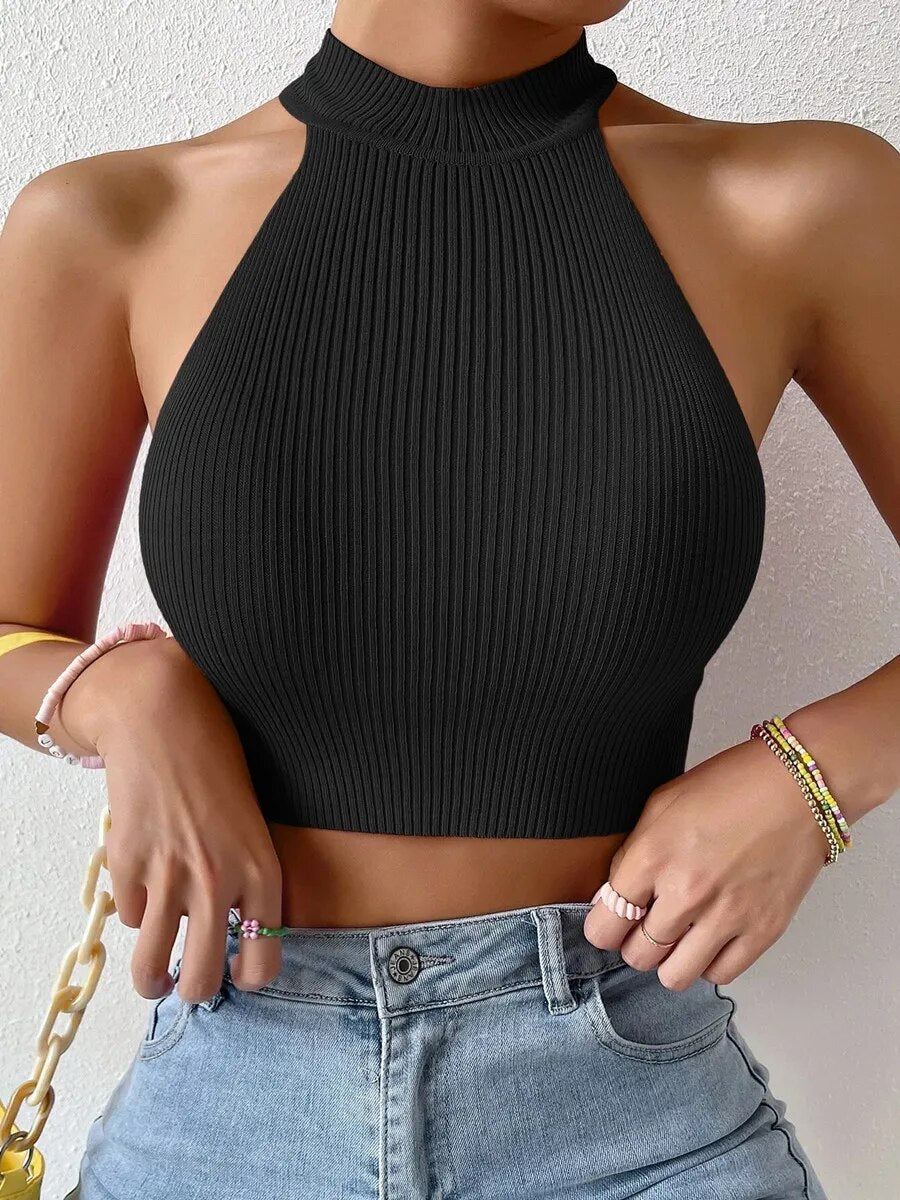 Summer Dopamine Women Basics Casual Knit Sleeveless Corset Halter Crossfit Crop Top Y2k Clothes Femme Stretch Sweater Tank