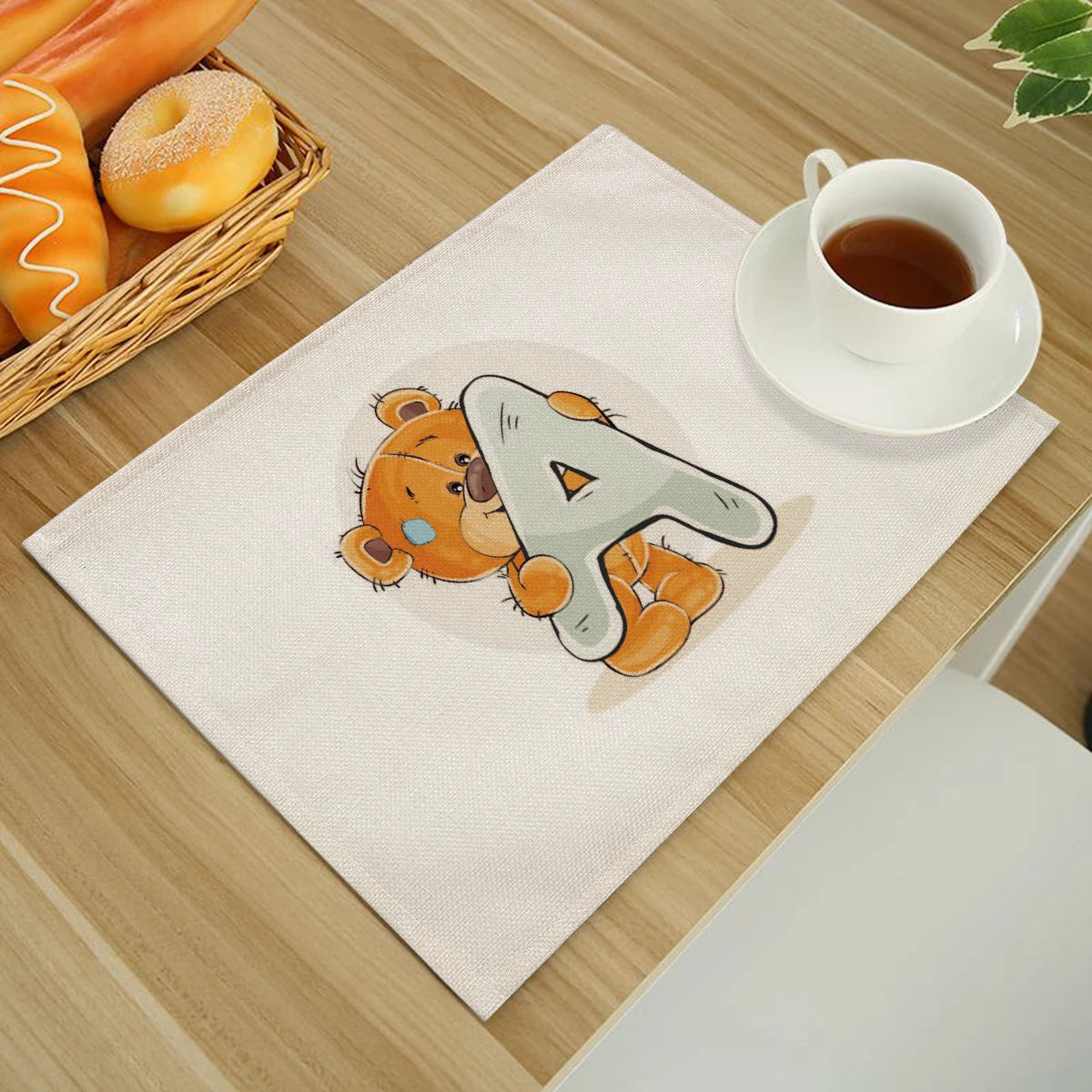 Cute Cartoon Animal Bear Kitchen Placemat for Children Kids English Alphabet A-Z Print Cotton Linen Dining Table Mats Coaster