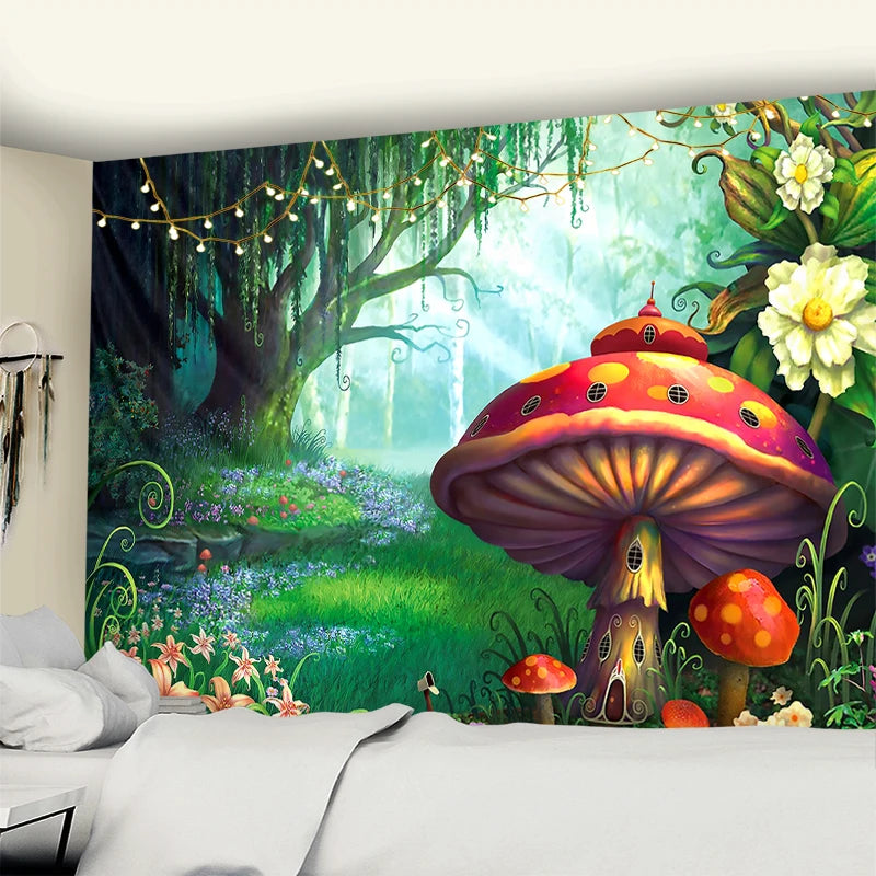 Fairytale Dreamy Mushroom Tapestry Psychedelic Carpet Bohemian Home Decor Witchcraft Hippie Kids Room Decor Wall Tapestries