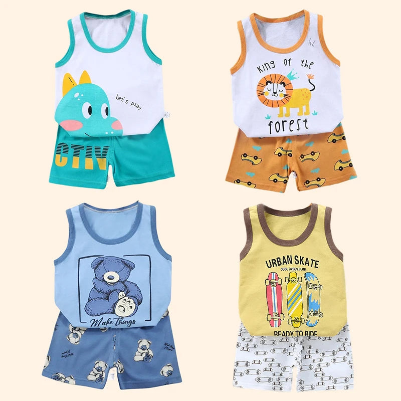 2PCS Children Sets Kids Clothes Vest Suit Summer Children Clothing baby Cotton T-Shirts Shorts Tank Top Boys Girls Sleeveless