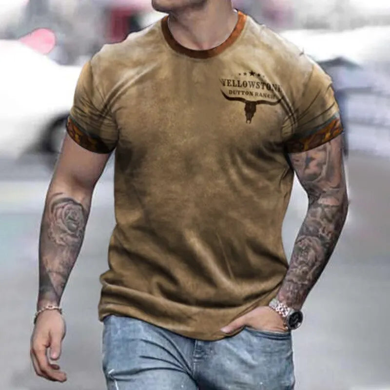 2023 New Men's Vintage T-Shirt Personality Sheep Head Print Breathable Quick Drying High Quality Casual Short-Sleeved Street