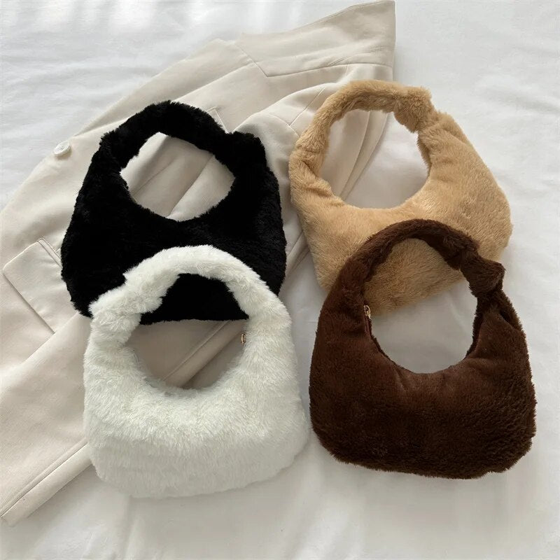 Soft Plush Handbag Women Winter Warm Shoulder Bags Phone Money Storage Purse Casual Small Tote Bag Fashion Clutch Wallet 2024