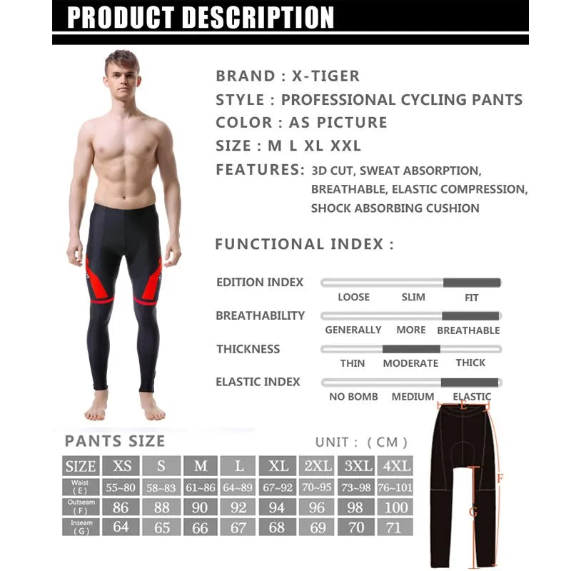 X-TIGER Cycling Pants Spring Autumn Coolmax Cycling Trousers with 5D Gel Pad Riding Bicycle Pants 100% Lycra Pantalon MTB