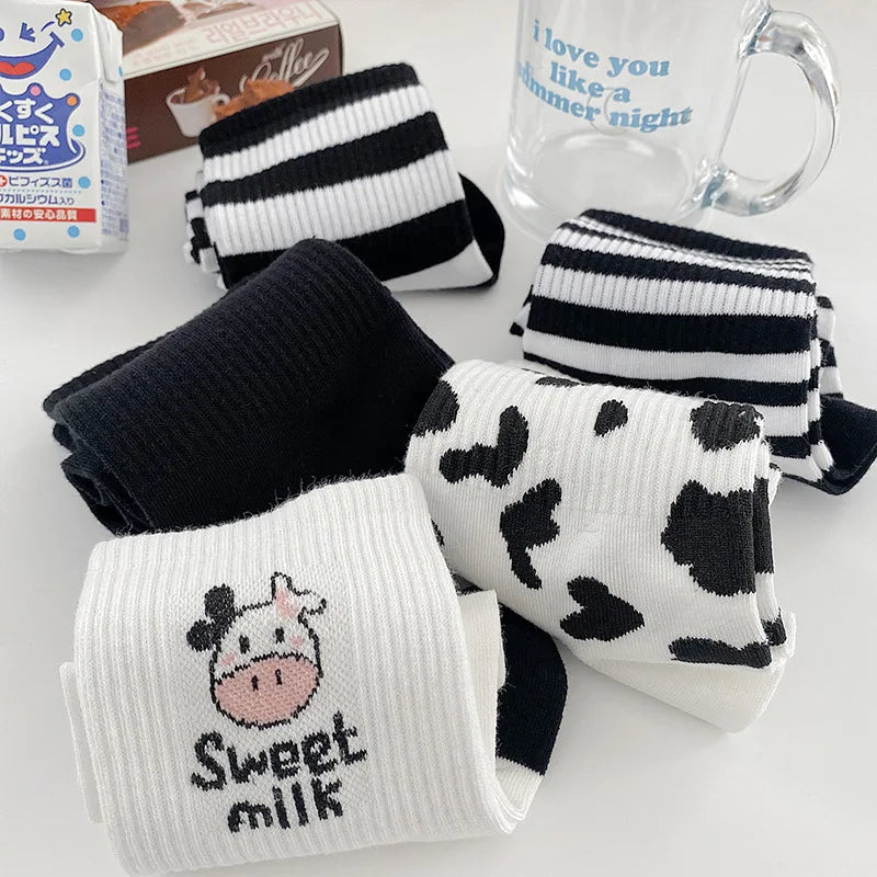 Striped socks funny cow print white cartoon calcetines cozy harajuku skarpetki damskie cute animal chaussettes kawaii happy sock