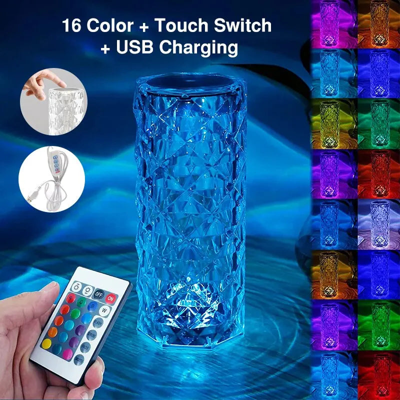 16Colors USB Rechargeable LED Atmosphere Room Decor Christmas Room Decoration Home Lights Crystal Lamp Touch Table Bedside Lamps