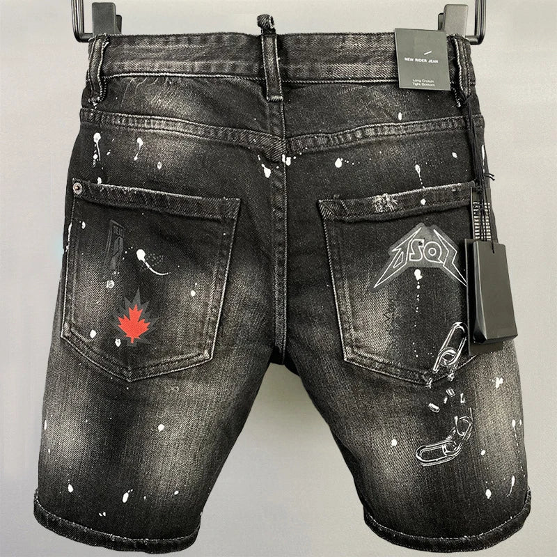 summer Men's Denim Shorts Print Letter Breeches Half Pants Slim Fit Elasticity Splatted Paint Beggar Trousers dsq2 jeans short