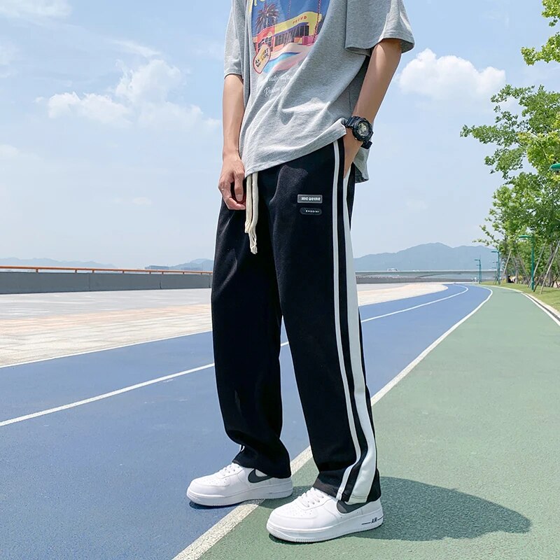 Sweatpants Men Summer Design Side Striped Baggy Trousers Student Cool Streetwear Hip Hop Teens Dynamic Mens Korean Stylish Daily