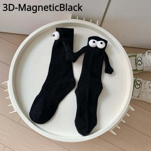 Fashion Funny Creative Magnetic Attraction Hands Black White Cartoon Eyes Couples Socks 1 Pair Club Celebrity Couple Socks Ins