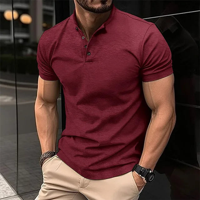 2024 European and American summer solid color T-shirt men's button Henry collar sports polo shirt