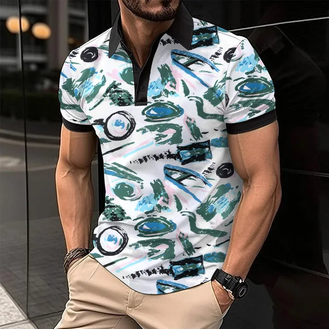 Summer Men's Short-Sleeved Polo Shirt Fashion Splice Printing Hawaii Vacation T-Shirt Breathable Polo Shirt Men's Clothing Top