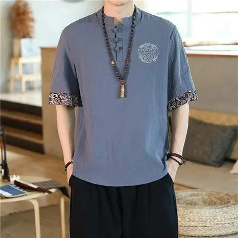 1970s Retro Loose Cotton Linen T-shirt Men Short Sleeve Tang Suit Style Anti-bacterial Thin Version