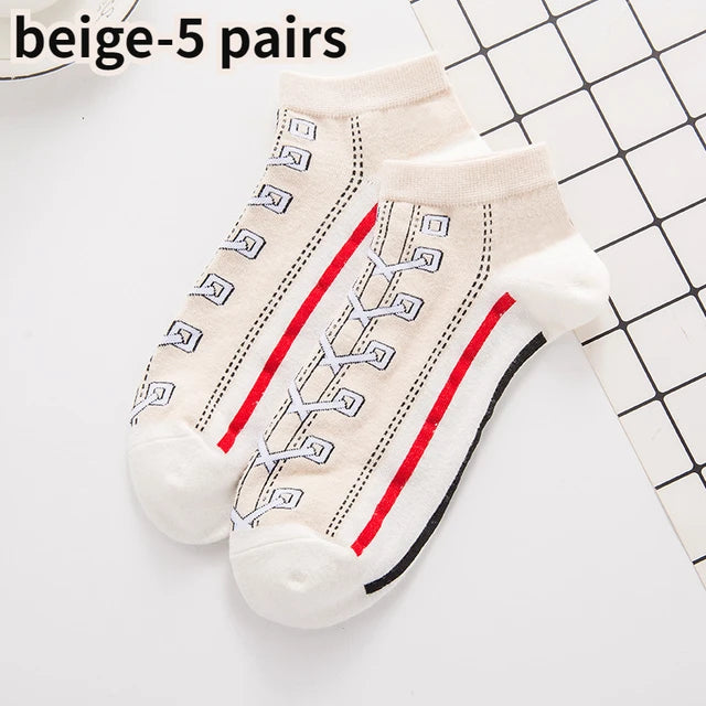 5 Pairs Funny Shoe Print Socks Fashion Harajuku Style Hip Hop Cute Fashion Soft Womens Slippers Socks Unisex Low Tube Socks