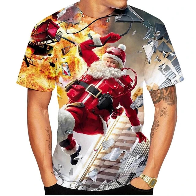 Carnival Party Hip Hop Men's Christmas Elf Santa Claus Printed T-shirt Fashion Trend Round Neck Loose Street Party Men's Round N