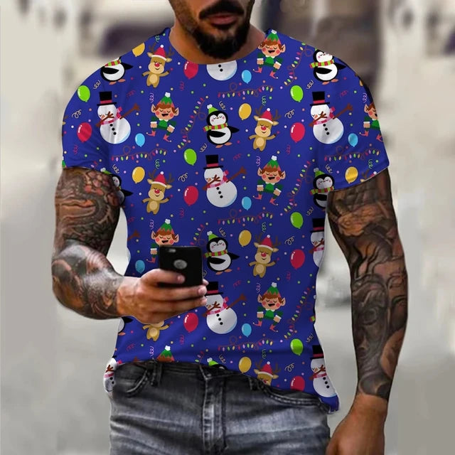 Carnival Party Hip Hop Men's Christmas Elf Santa Claus Printed T-shirt Fashion Trend Round Neck Loose Street Party Men's Round N