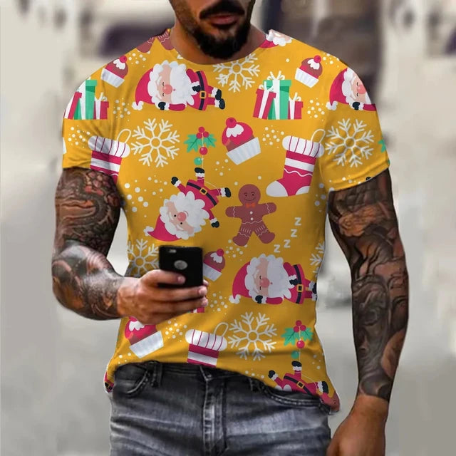 Carnival Party Hip Hop Men's Christmas Elf Santa Claus Printed T-shirt Fashion Trend Round Neck Loose Street Party Men's Round N