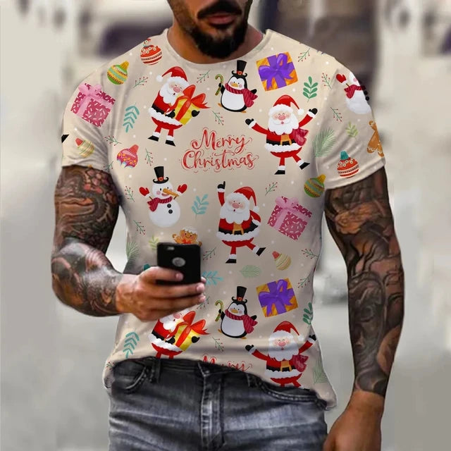 Carnival Party Hip Hop Men's Christmas Elf Santa Claus Printed T-shirt Fashion Trend Round Neck Loose Street Party Men's Round N