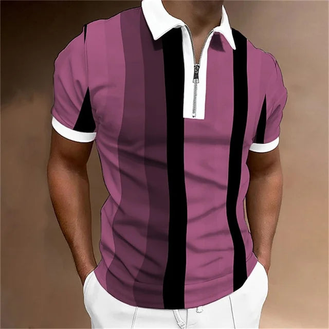 Men Polo Shirt Stripes Short Sleeve T-shirt Male Breathable Tops Business Turn Down Collar Streetwear Luxury Brand High Quality