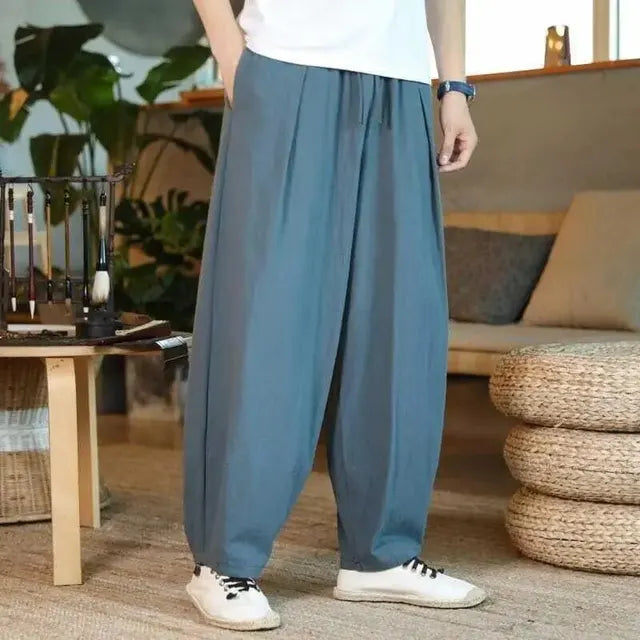 Loose Plus Size Summer Men Linen Pants Large Size Fat Person Wide Leg Casual Nine-Point Pants