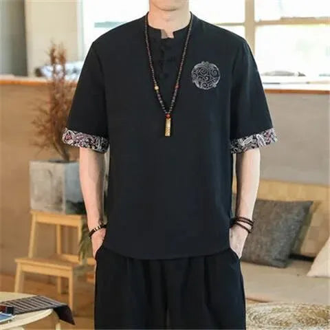 1970s Retro Loose Cotton Linen T-shirt Men Short Sleeve Tang Suit Style Anti-bacterial Thin Version