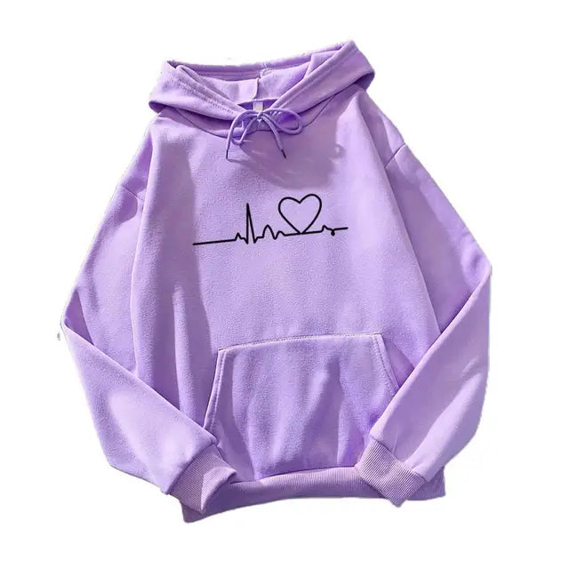 Chic Elastic Hem Women Autumn Hoodie Streetwear Women Autumn Hoodie Elastic Cuff Heart Print Couple Hoodie for School