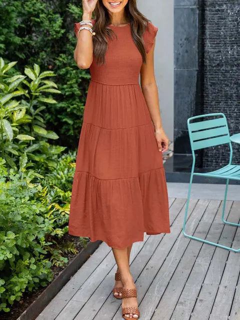 2023 Summer Fashion Casual Pleated A Line Women's Dress Fashion Elegant Chic Solid O-neck Flying Sleeve Long Dresses For Women