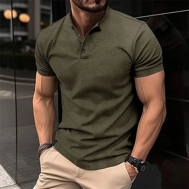 2024 European and American summer solid color T-shirt men's button Henry collar sports polo shirt